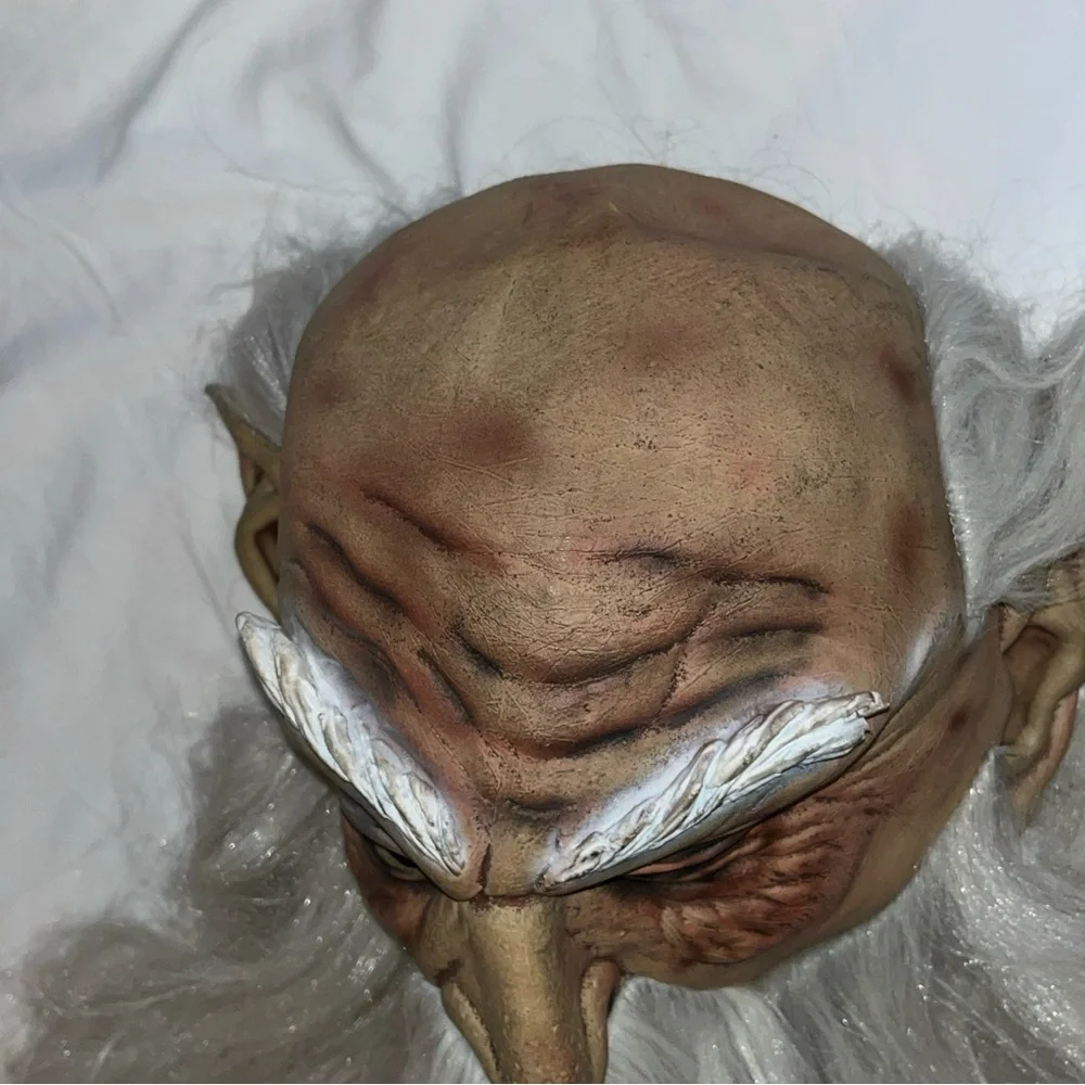 Vintage 2003 OLD MAN Mask WIZARD Full Head White Hair Beard Pointed Elf Ears VTG